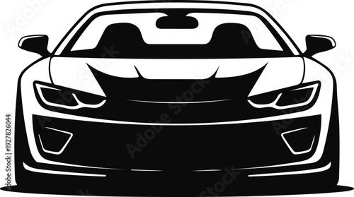 Sleek modern sports car front view with sharp angular headlights and grille design isolated