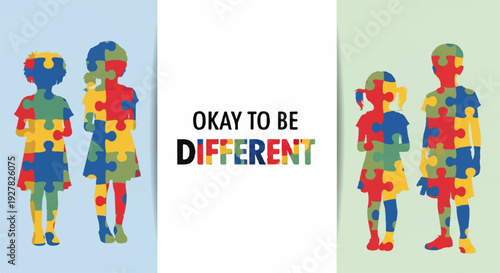 Diverse children standing together in puzzle piece artwork with okay to be different text
