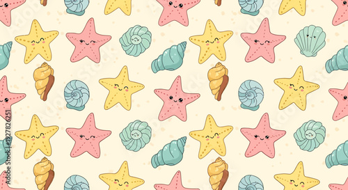 Cute Kawaii Starfish and Seashells Seamless Pattern, Beach Ocean Theme