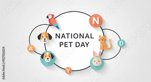 National pet day celebration with diverse animals and pets in a colorful circle design