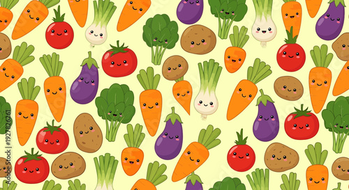 Cute Kawaii Vegetables Pattern Seamless Background