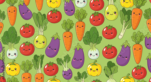 Cute Kawaii Vegetables Seamless Pattern: Carrots, Tomatoes, Eggplants, Bok Choy