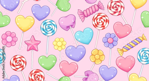 Cute Pastel Candy Heart and Lollipop Seamless Pattern Background