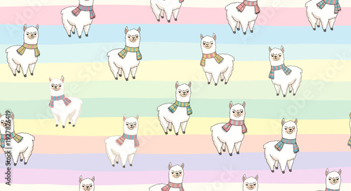 Cute Llama Seamless Pattern with Rainbow Stripes Background