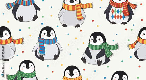 Cute Penguin Pattern with Colorful Scarves and Confetti