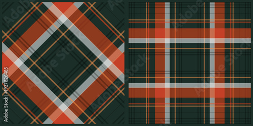 A vibrant and detailed image of two tartan plaid patterns in orange, gray, and green, ideal for textile design and fabric printing.