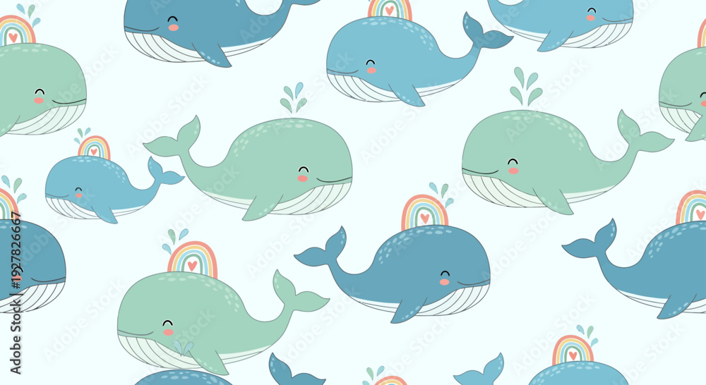 Naklejka premium Cute Whale Pattern Seamless Background Kawaii Ocean Animal Illustration