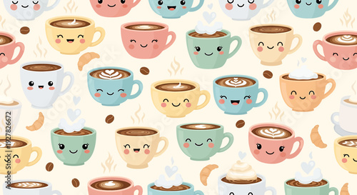 Kawaii Coffee Cups Pattern: Cute Cartoon Characters, Hot Drinks, and Pastries