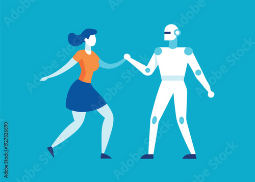 A woman in an orange top and blue skirt dances with a white humanoid robot.