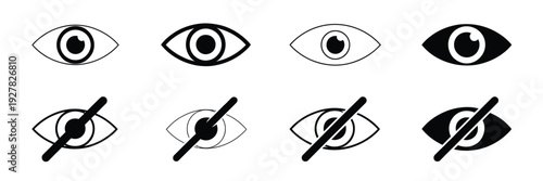 Eye icon set, showcasing visible and invisible concepts, including see and unsee icons, password visibility, and UI design symbols.
