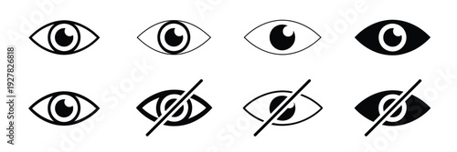 Eye icon set, featuring view, visible, invisible, see, unsee, show password, and hidden password symbols in vector format.