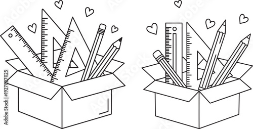 Boxes filled with school supplies like rulers, pencils, and triangles, symbolizing education and creativity
