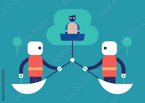 A man and an AI robot in separate canoes are linked to a central figure above them.