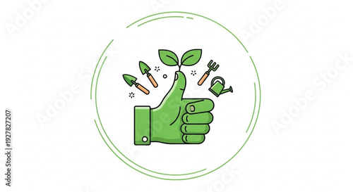 Green thumb gardening concept with tools and plant growth in a circle