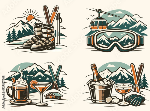 Winter Après-Ski Lifestyle Vector Set with Skiing Equipment, People Celebrating with Drinks, Snowy Mountains and Cozy Outdoor Elements