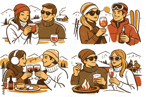 Winter Après-Ski Lifestyle Vector Set with People Skiing, Celebrating with Champagne, Snowy Mountains, Ski Gear and Cozy Outdoor Elements