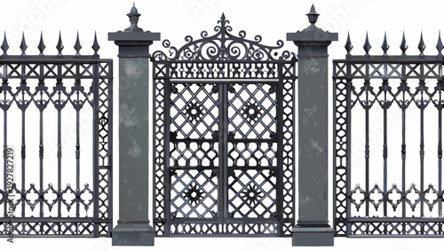 Ornate wrought iron gate with detailed lattice and decorative finials