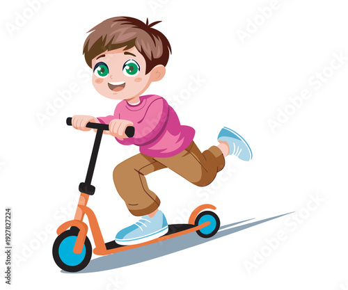Happy young boy riding orange kick scooter fast and having fun outside in sunlight