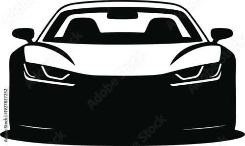 Stylized black silhouette of a modern sports car front view isolated on transparent background
