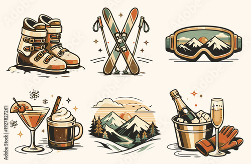 Winter Après-Ski Lifestyle Vector Set with Skiing Equipment, People Celebrating with Champagne, Snowy Mountains and Cozy Outdoor Elements