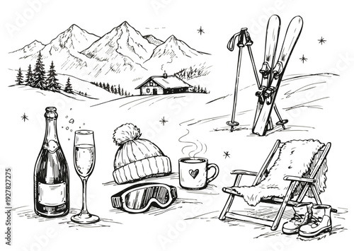 Winter Après-Ski Lifestyle Vector Collection with Skiing Equipment, People Celebrating, Snowy Mountains and Cozy Outdoor Elements
