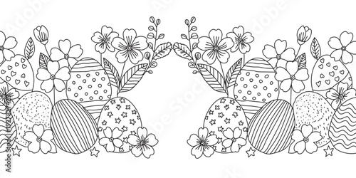 Black and white easter eggs and flowers border design