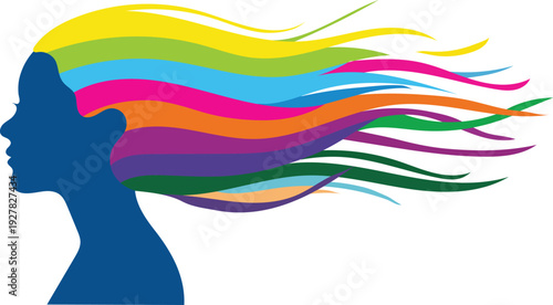 Vibrant multicolored hair flowing from a blue silhouette
