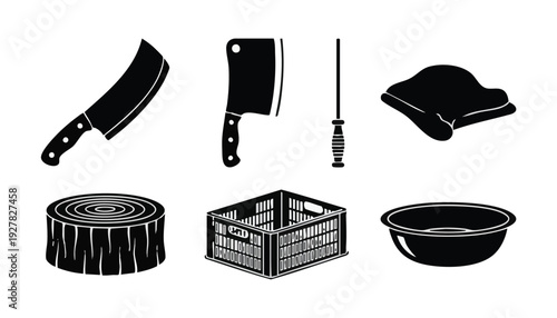 Butcher Tools and Meat Processing Icons – Meat Cutting Equipment Set