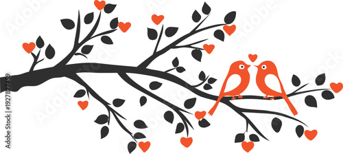 Red birds sitting on a tree branch with hearts and leaves
