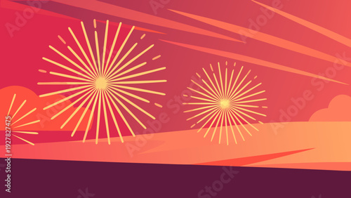 A vibrant illustration depicting fireworks exploding against a sunset sky