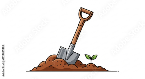 Shovel in soil with small green seedling sprouting gardening tool for planting and digging