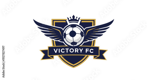 Vintage heraldic emblem featuring a gold coat of arms with wings and a crown on a vector shield illustration including a star flag and ribbon decoration for a tattoo or soccer badge design