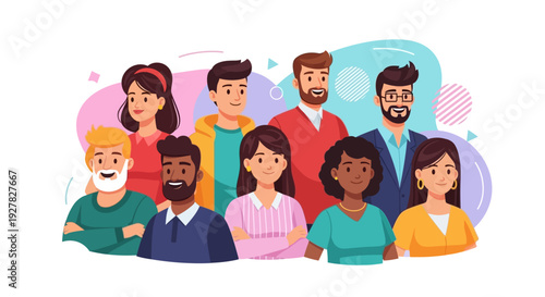 A happy group of young students and smiling friends in a row represents a diverse team of people celebrating childhood friendship and school spirit through a fun vector illustration