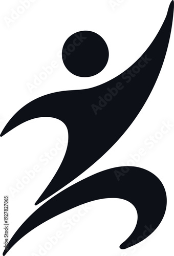 Silhouette of a person running with arms outstretched and leg extended in a dynamic motion on white background