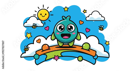 A funny green monster character and a colorful alien smile while driving a blue car through a summer nature scene filled with flowers, water, and a vector bird under a bright sky