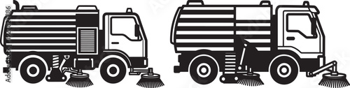 Black and white street sweeper trucks shown from side view, illustrating municipal cleaning services