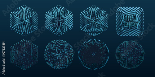 Abstract geometric shapes composed of small blue digital points