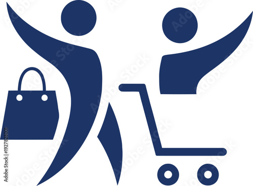 Two stick figures shopping with a bag and cart  online shopping concept with simple illustrations