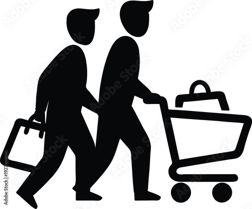 Two people walking with shopping cart and briefcase  everyday life scene