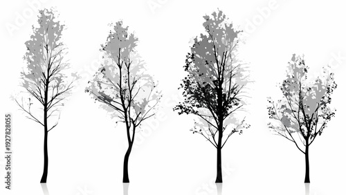 A collection of stylized trees in varying shades of gray and black