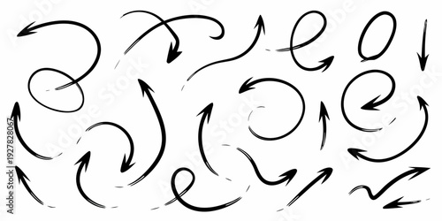 Collection of hand drawn black arrows showing various circular and linear directions