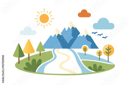 A stylized landscape illustration featuring mountains trees and a river