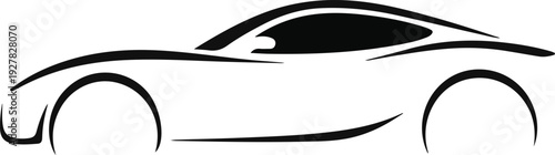 Stylized silhouette of a sleek sports car rendered in bold black outline on a white background
