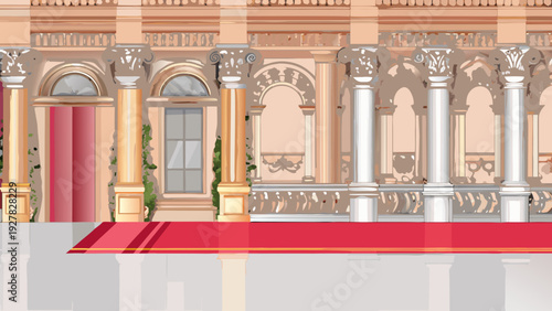 Elegant palace exterior with red carpet and classical architectural details