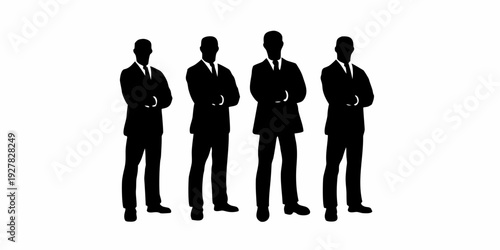 Four silhouetted men in suits standing in a row facing forward