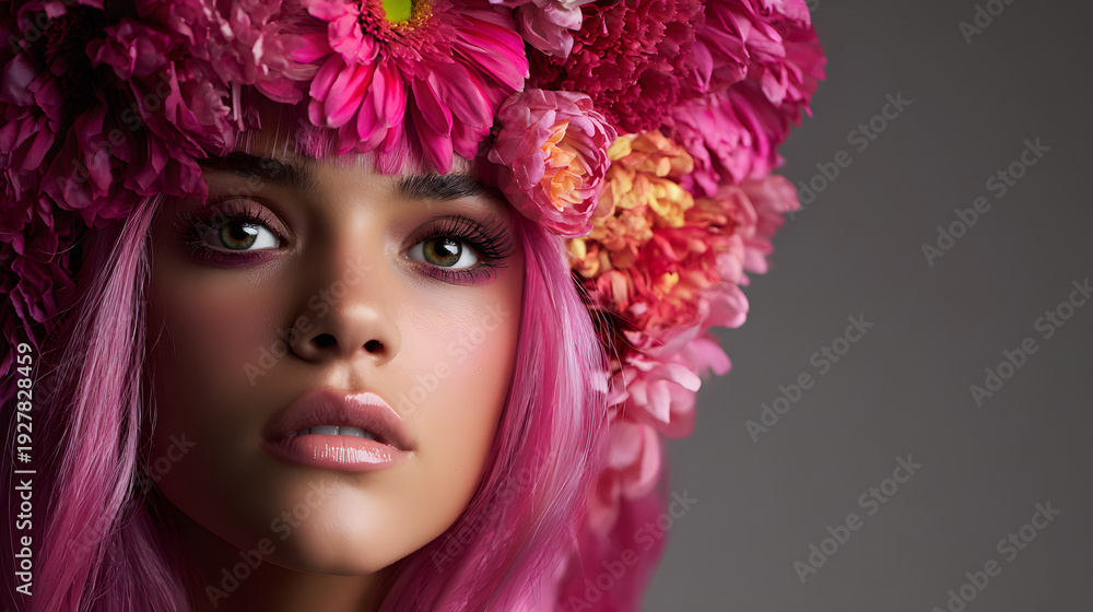 Naklejka premium Woman with pink hair and flower headpiece