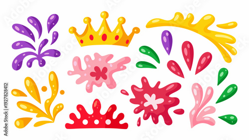 Colorful crowns and floral flourishes in a whimsical playful design