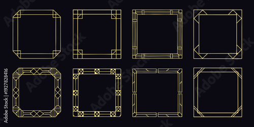 Geometric golden frames arranged in a grid on a black background