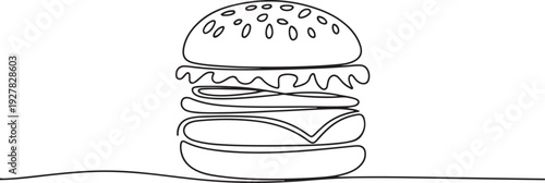 Continuous one line drawing of burger. Single line drawing of hamburger . Silhouette of fast food restaurant burger with cheese. one line Icon drawing