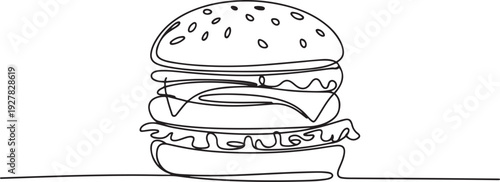 Continuous one line drawing of burger. Single line drawing of hamburger . Silhouette of fast food restaurant burger with cheese. one line Icon drawing